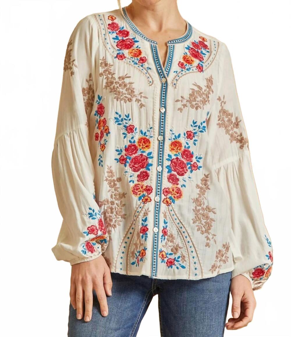 NEW ANDREE BY UNIT floral embroidered button down top in ivory